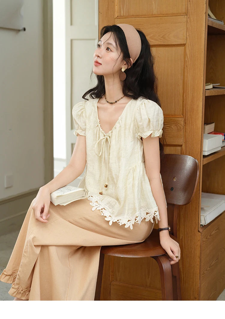 MISHOW French Round Neck Lace Up Blouse Embroidery Puff Sleeve MXE39X1956