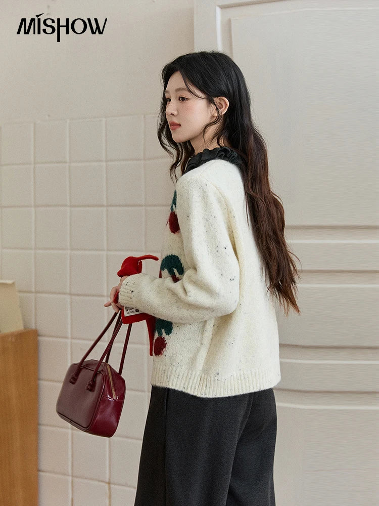 Mishow Cherry Jacquard Flecked Drop Shoulder Cardigan MXE91Z2837
