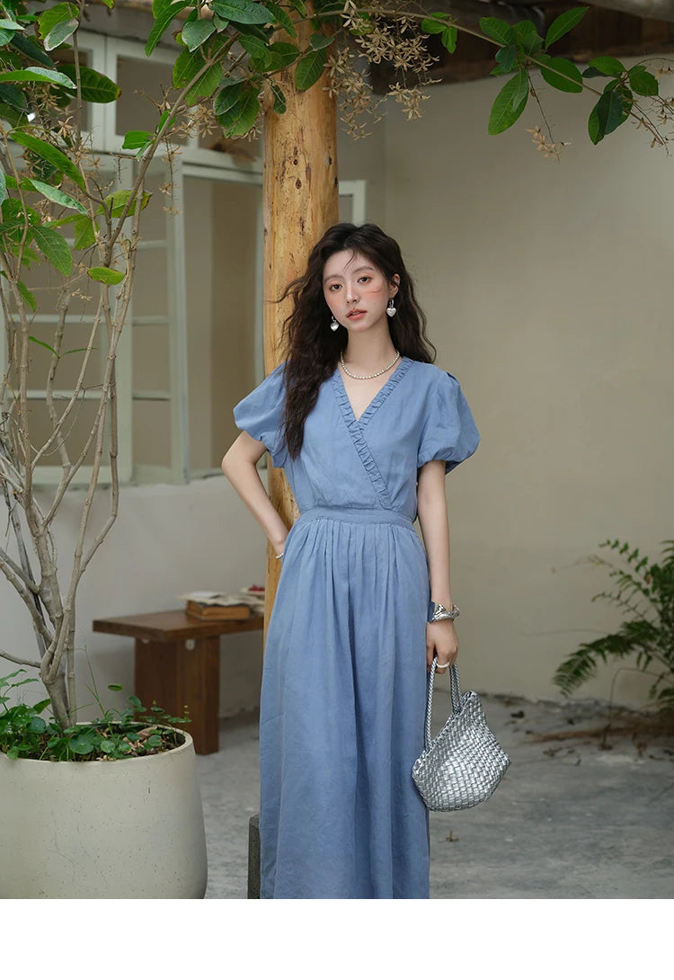 Mishow V-Neck Puff Sleeve Pocket Sash Dress MXE39L2381