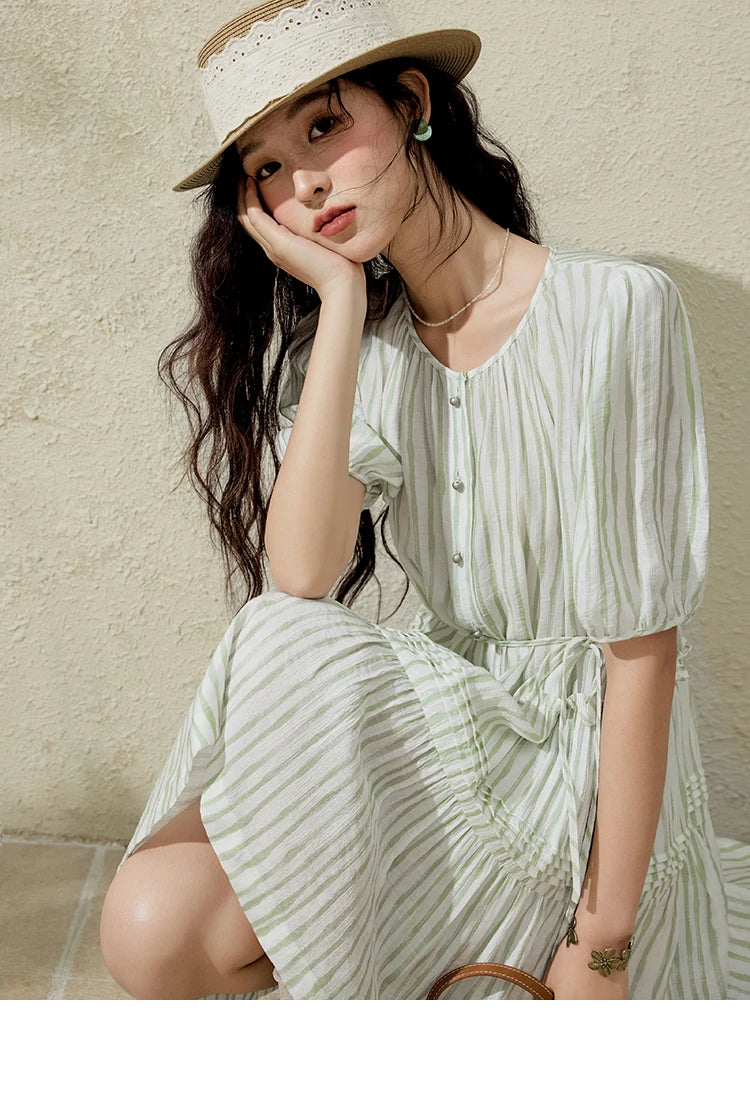 MISHOW French Green Striped Puff Sleeve Dress MXE15L2141