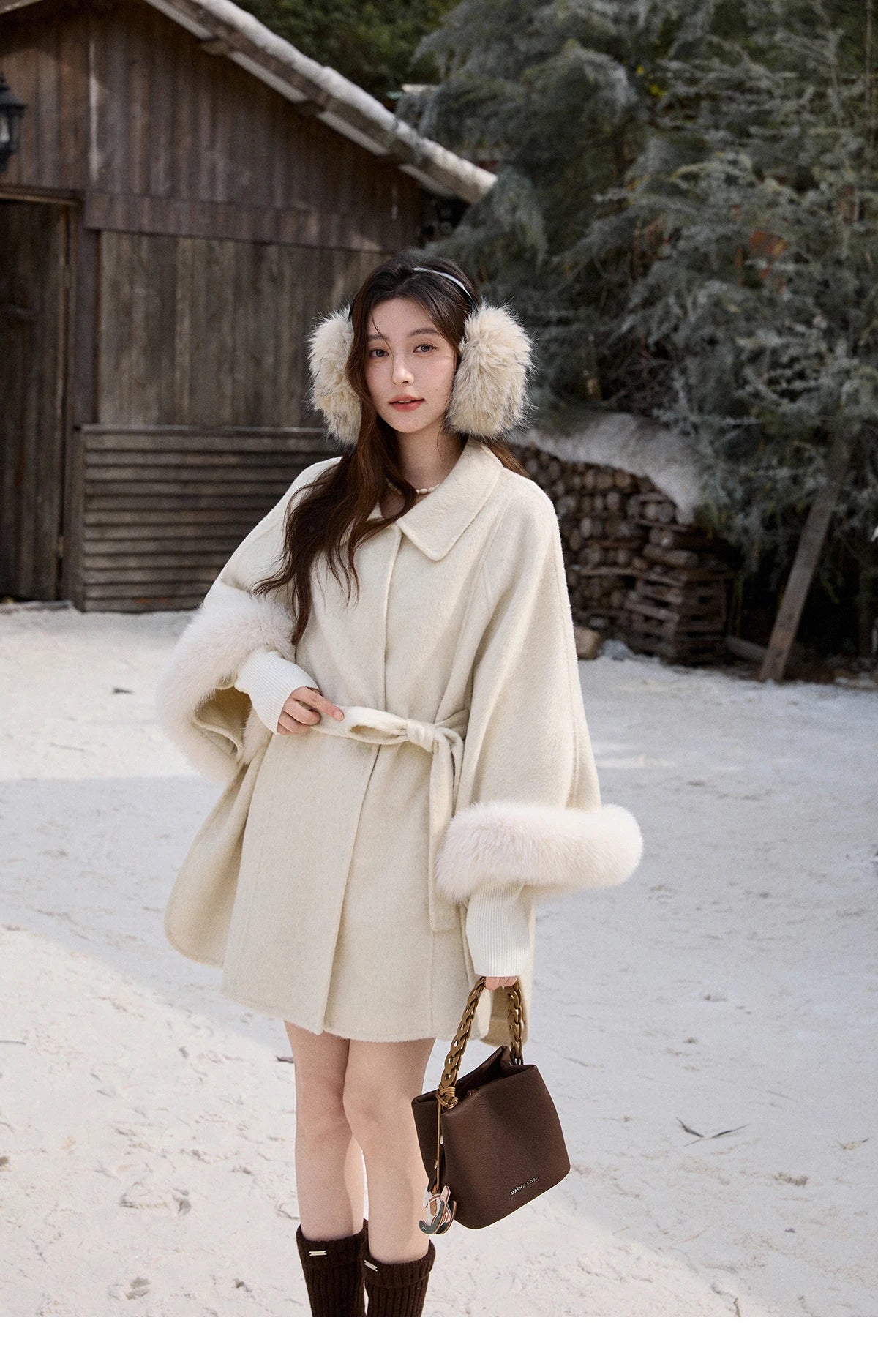 Mishow 100% Wool Cape with Detachable Furry Cuffs MXE90W0947
