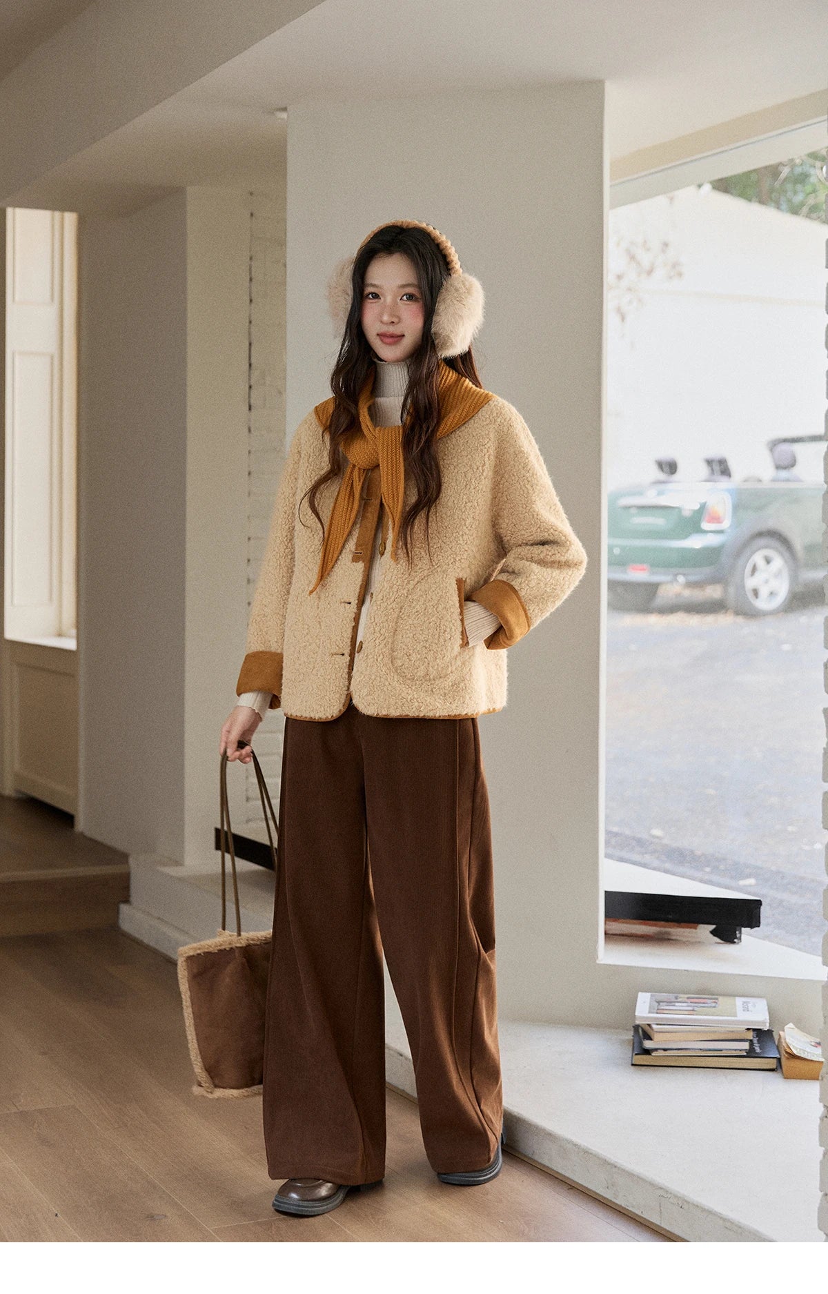 Mishow Lamb Wool Jacket with Color Block Knitted Shawl MXE91W0969