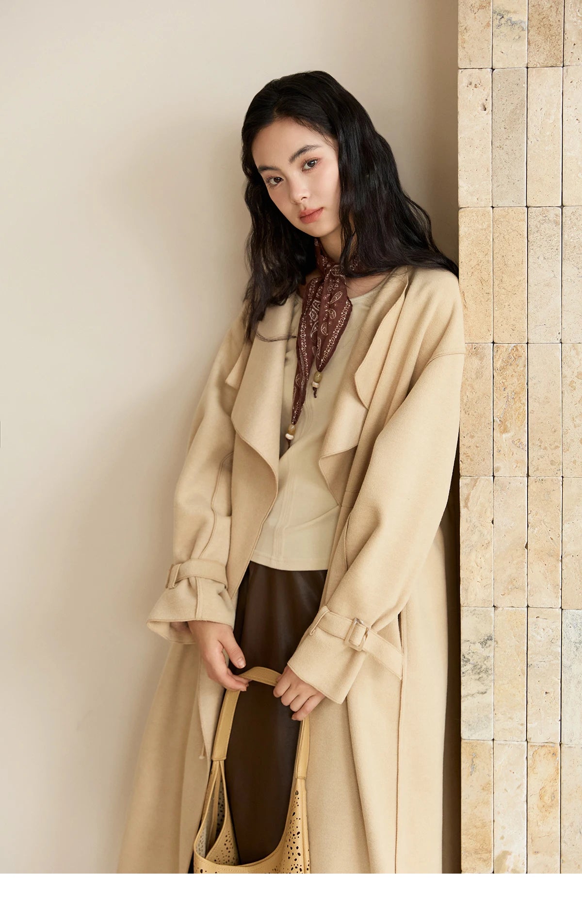 Mishow Drawstring Waist Large Lapel Mid-Length Woolen Coat MXE45W0841