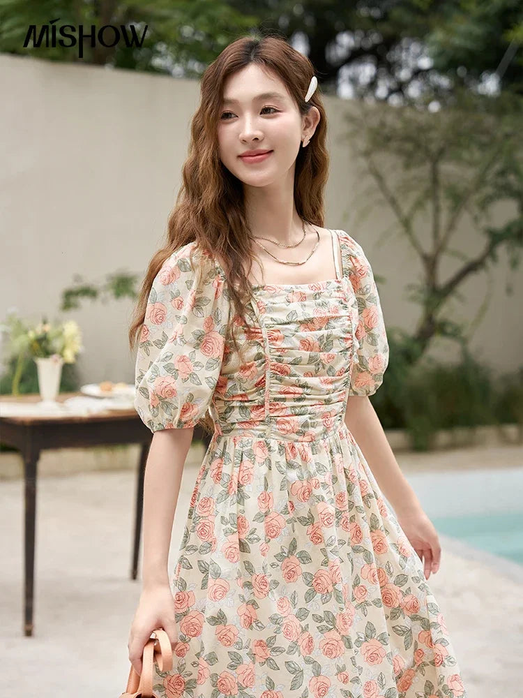 Mishow 100% Cotton Floral Puff Sleeve Dress MXC33L1397