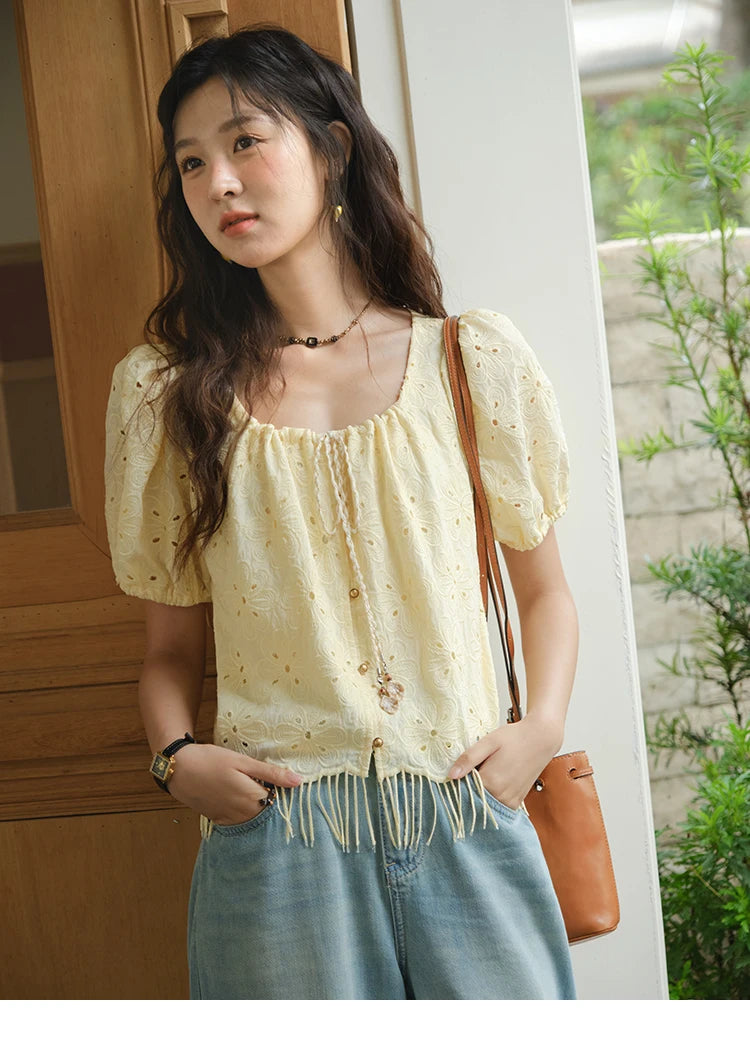 MISHOW Hollow Out Blouse Embroidery Puff Sleeve Square Collar Tassel MXE37X1851