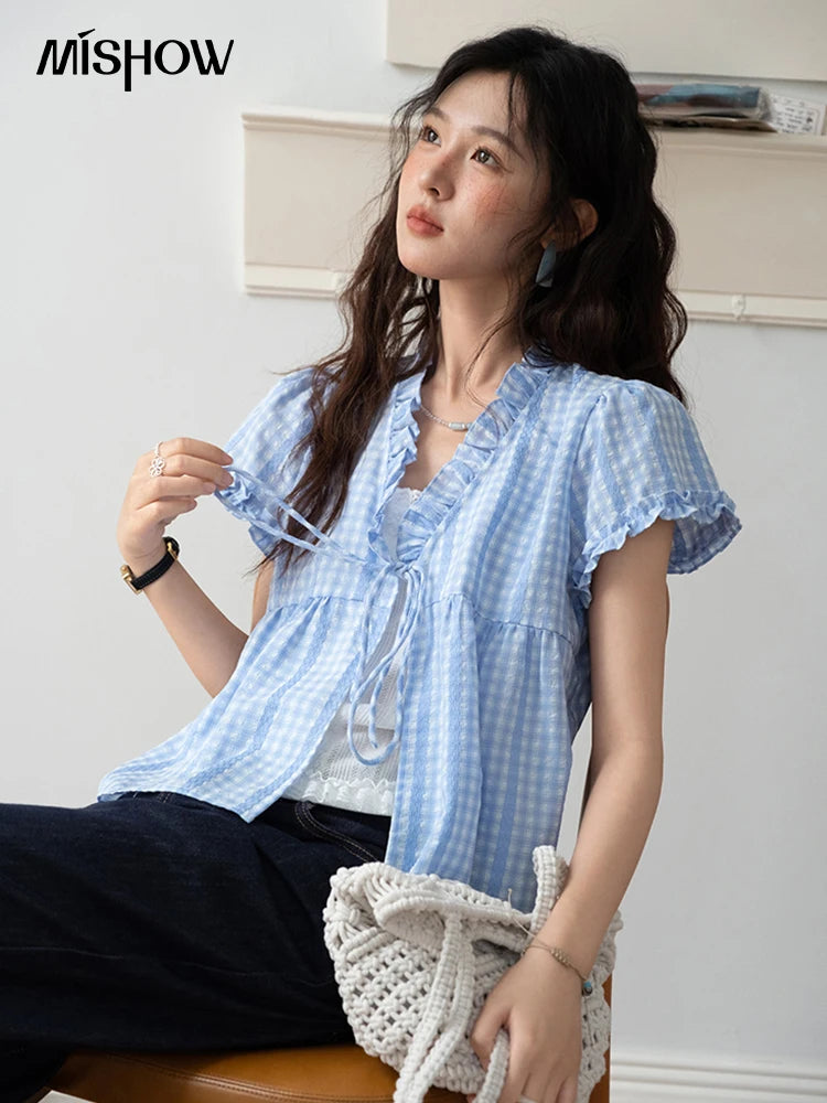 MISHOW Plaid Blue Fake Two Piece Blouse Puff Sleeve V-Neck Lace Up MXE37X1901