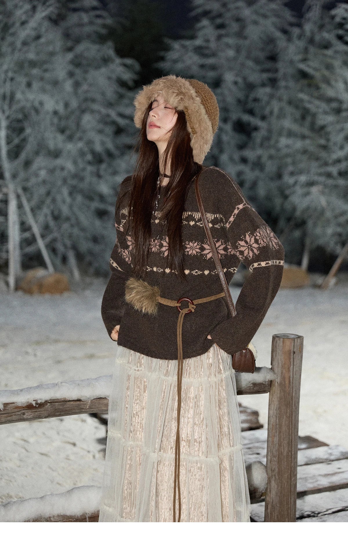 Mishow Brown Snowflake Jacquard Crew Neck Pullover MXE86Z2655