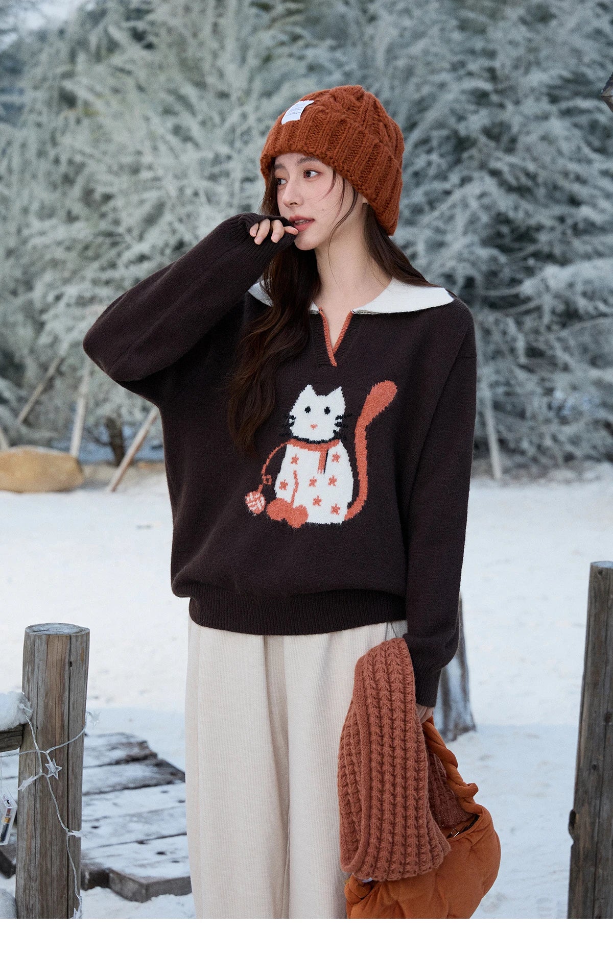 Mishow Retro Arctic Fleece Color Block Cat Sweater MXE90Z2835