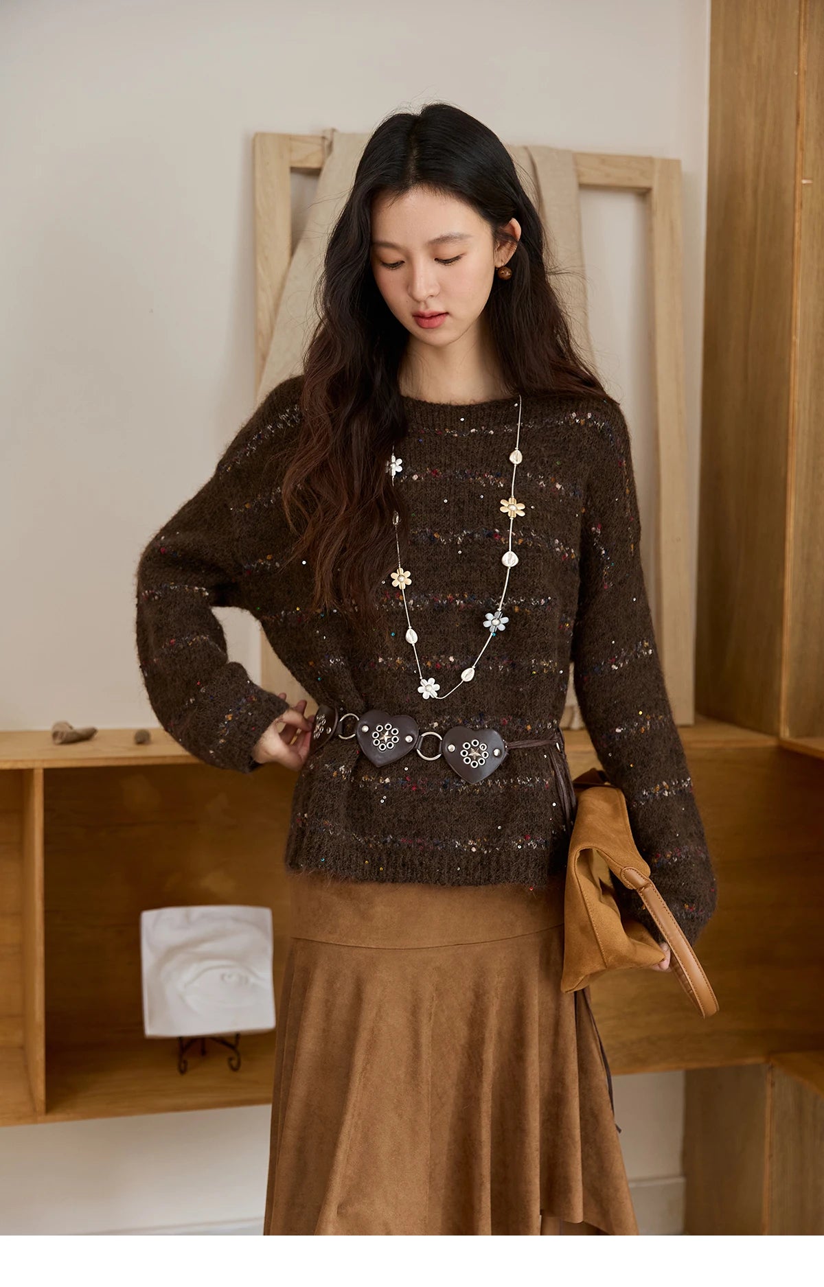Mishow Brown Chrysanthemum Yarn Round Neck Sweater MXE47Z2574
