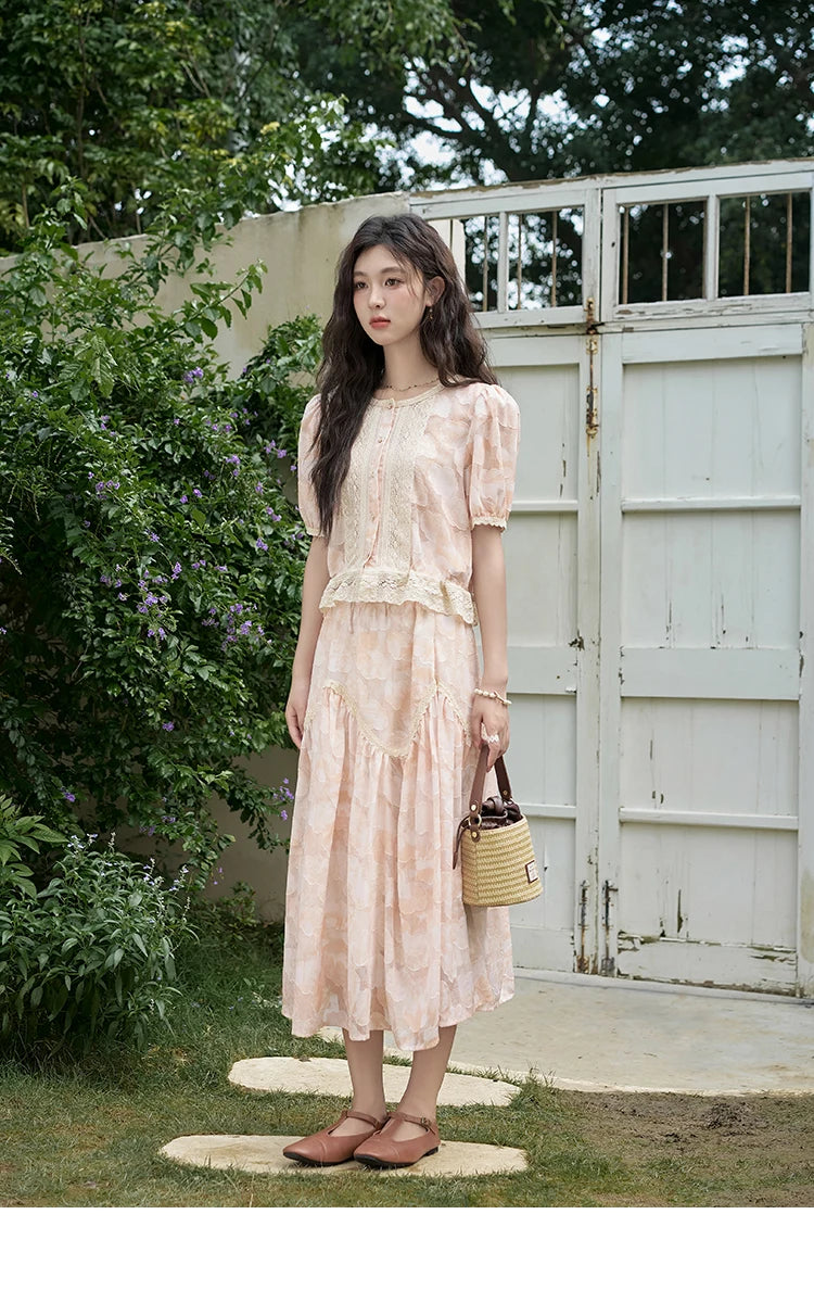 MISHOW French Embroidered Lace Bubble Sleeve Top & Elastic Waist Skirt Set MXD23X1428