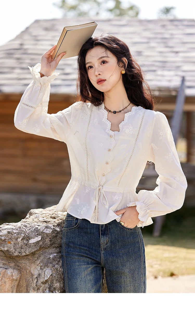 MISHOW Embroidered Lace Blouse V-Neck Drawstring MXE11X1708