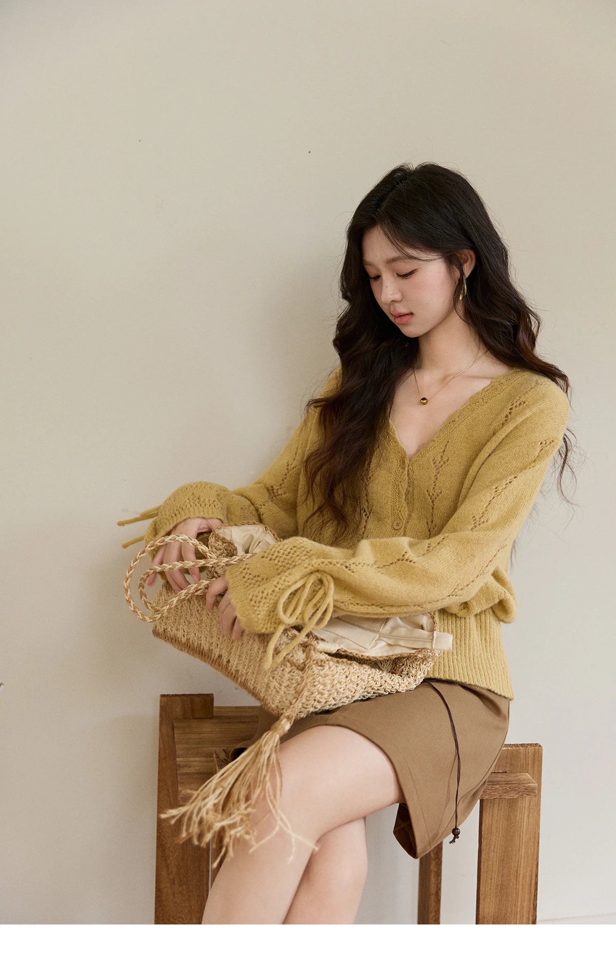 Mishow Yellow Hollow V-Neck Drawstring Cardigan MXF108Z1022