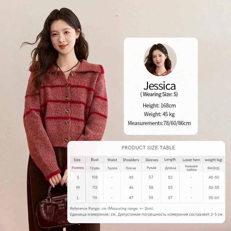 Mishow Red Striped Large Lapel Fleece Cardigan MXE94Z2888