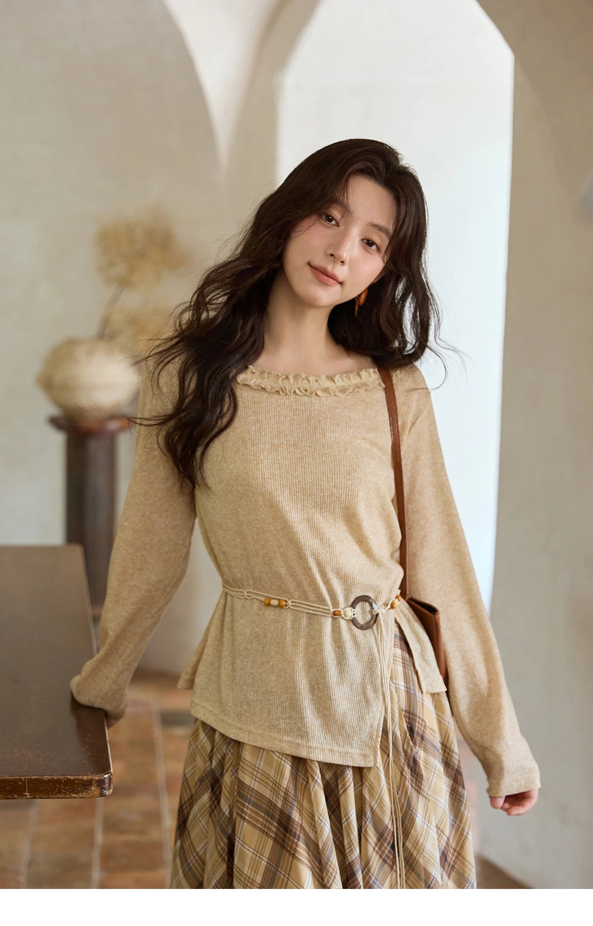 Mishow Apricot Ramie Knit Bohemian Belt Top MXE42Z1324