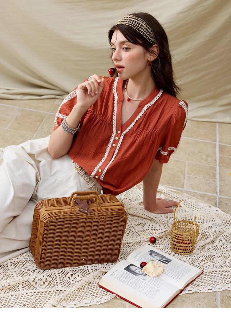 MISHOW French Blouse Women V-Neck Short Sleeve Color Matching Shirt MXE31X1766