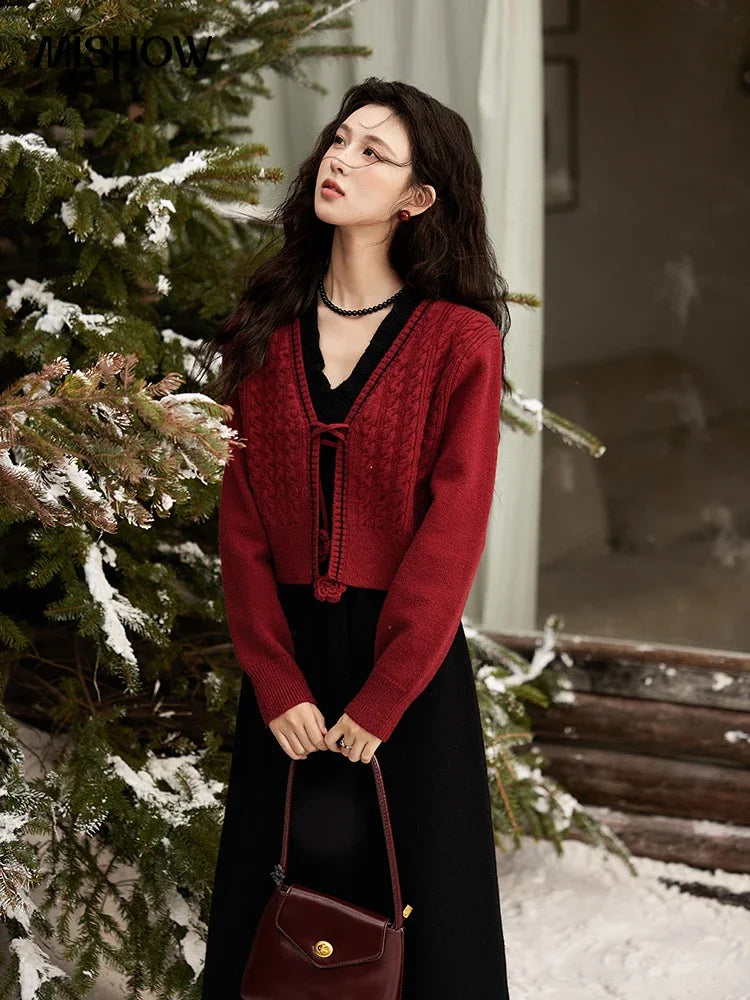 Mishow Red Knitted Cardigan & V-Neck Midi Dress Set MXD58L2085