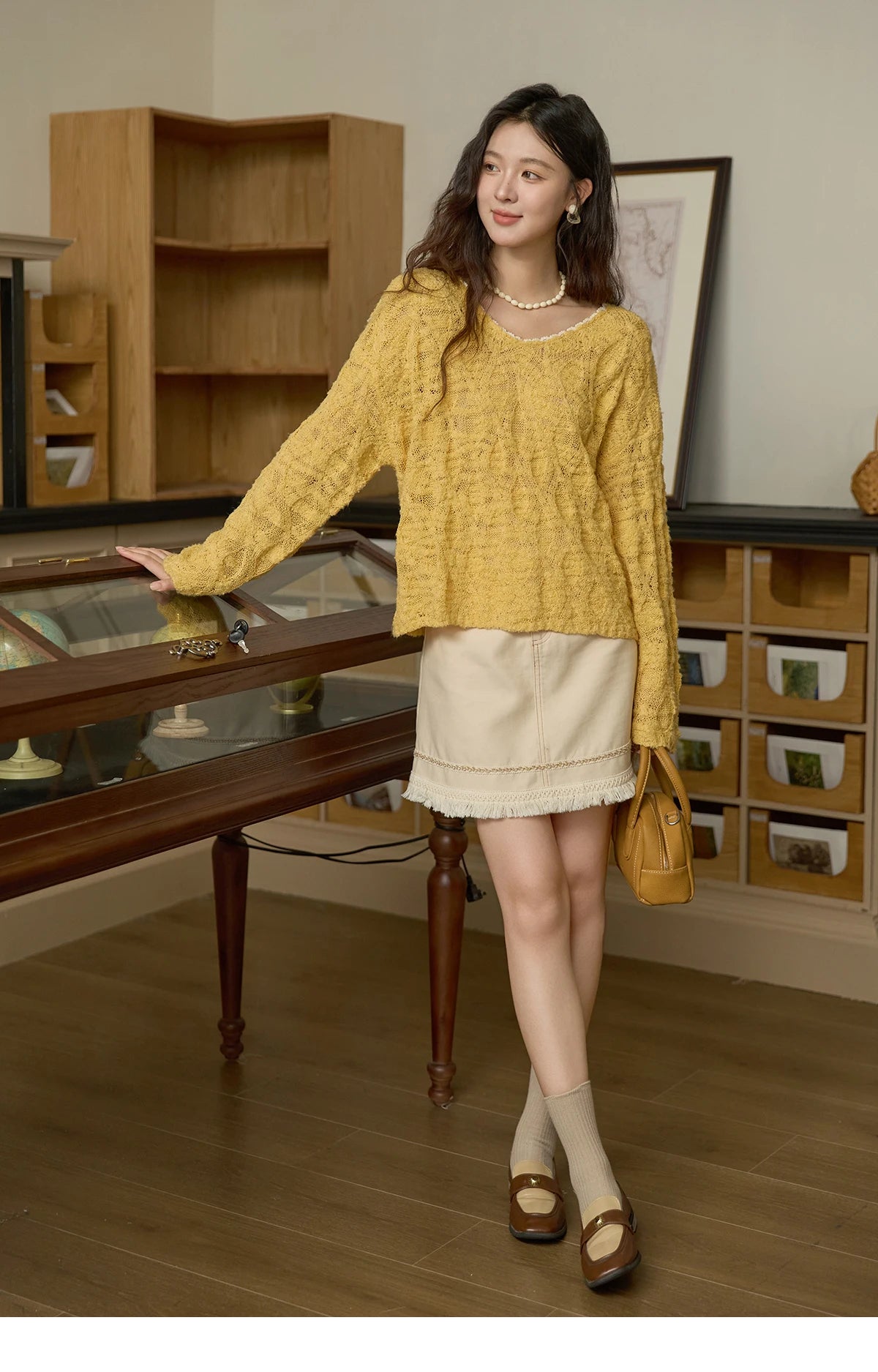 Mishow Bamboo Loop Yarn Hollow V-Neck Lace Sweater MXE43Z1349