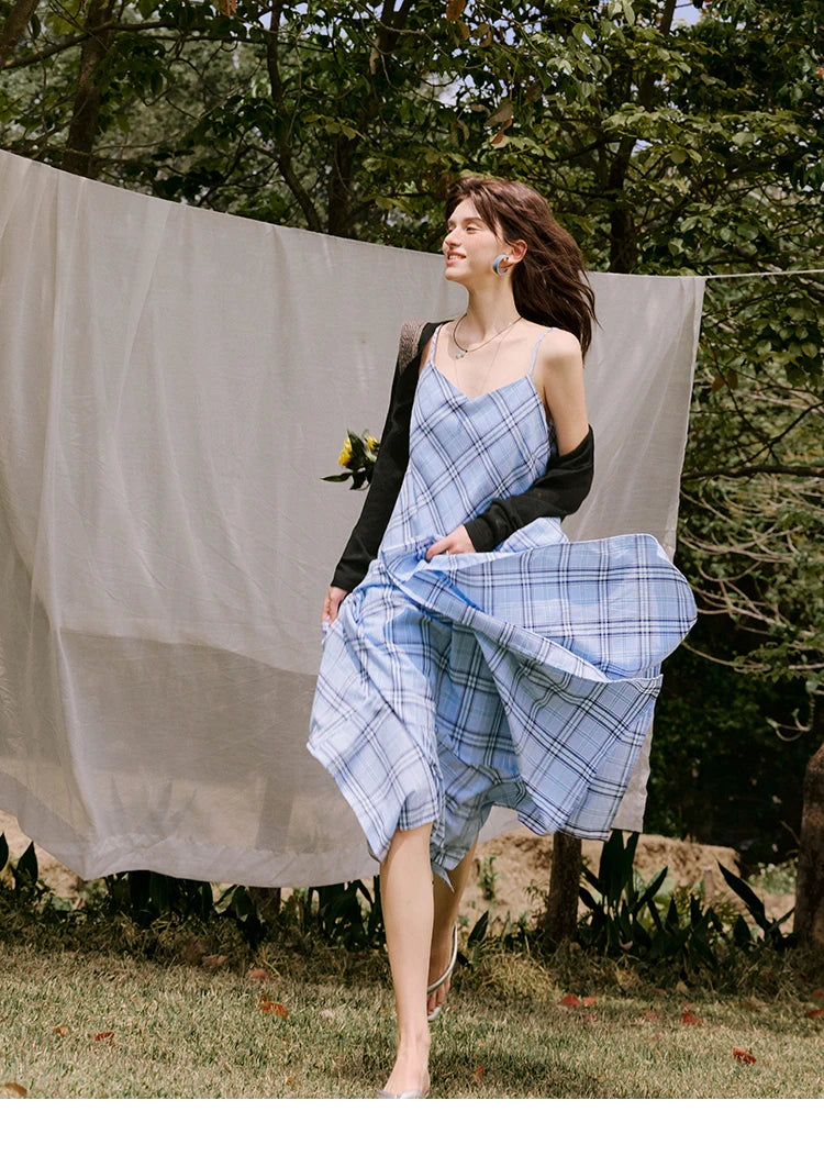 Mishow Blue Plaid Sleeveless A-Line Dress MXE33L2260