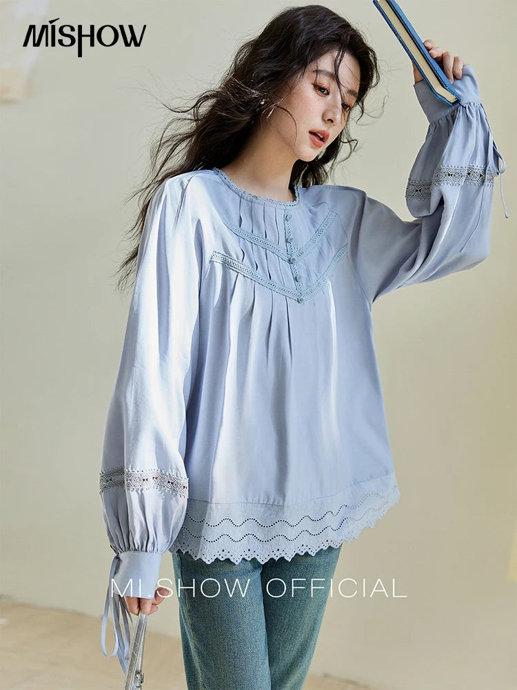 MISHOW Blue Lace Patchwork Shirt Wave Edge Lantern Sleeve MXE14X1716
