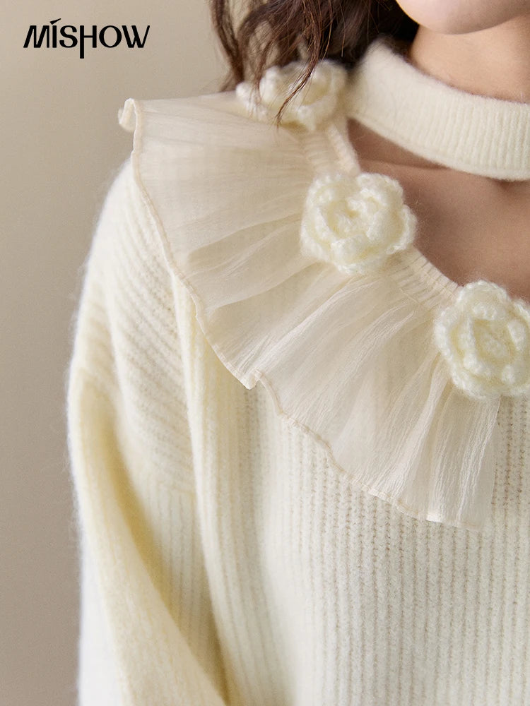 Mishow Cutout Neck Ruffle Flower Lantern Sleeve Pullover MXE94Z2982