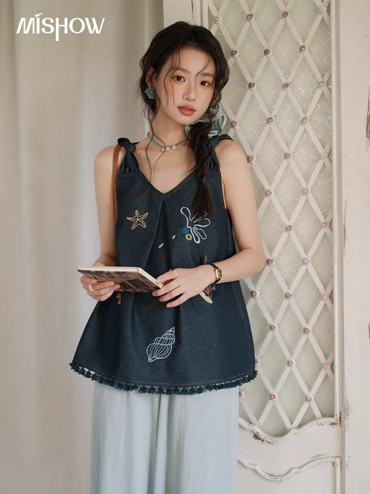 Mishow Embroidery Lace Tassel Denim Vest MXE37X1860