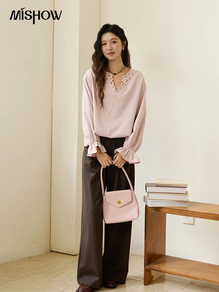 MISHOW French Style Hollow Out V-Neck Pink Blouse Long Sleeves MXE48X2502