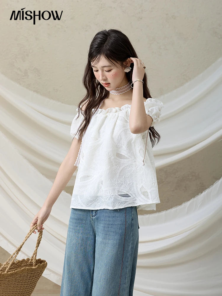 MISHOW Slash Neck Lace Blouse Short Sleeve Solid MXE35X1775