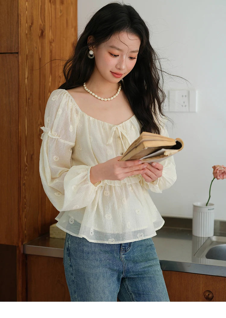 MISHOW Cashew Flower Embroidered Blouse V-Neck Lace Up Puff Sleeve MXE41X1945