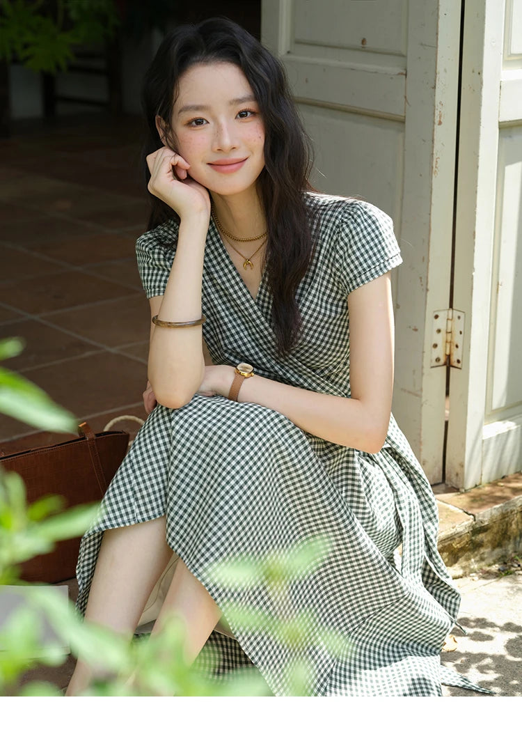 Mishow V-Neck Plaid Waist Cinched Sash Dress MXE39L2410