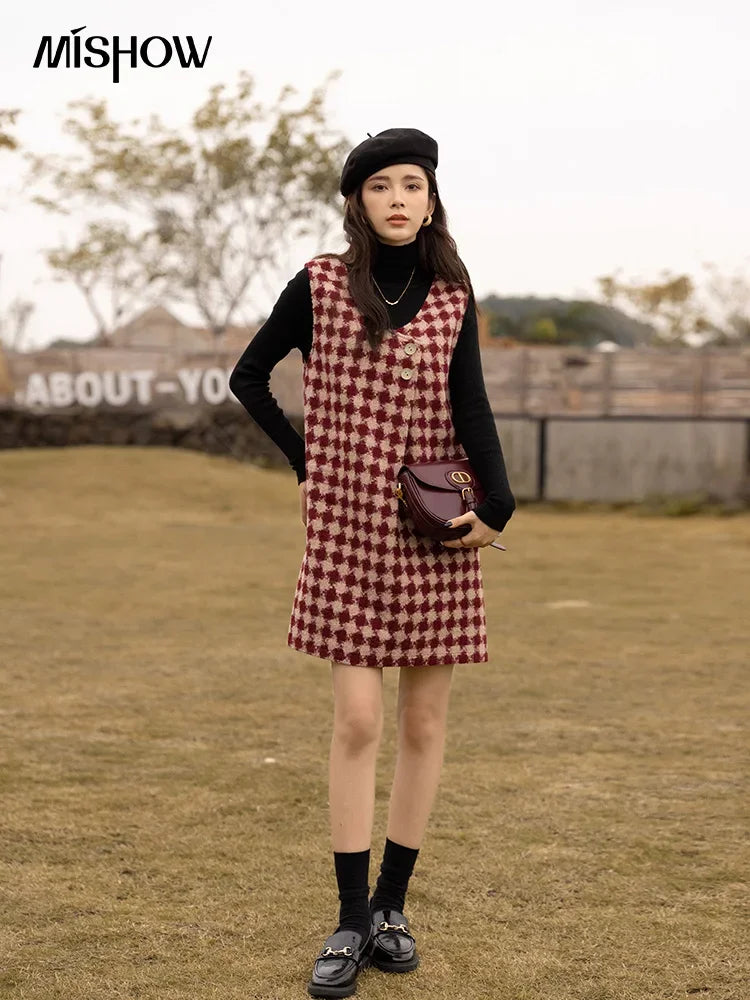 Mishow Plaid V-Neck Sleeveless Woolen Vest Dress MXB47L1332