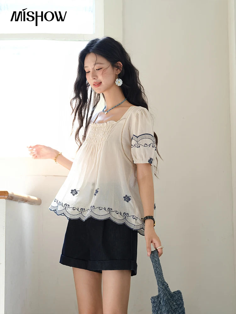 MISHOW Square Neck Puff Sleeve Blouse Flower Embroidery Hollow MXE39X1953
