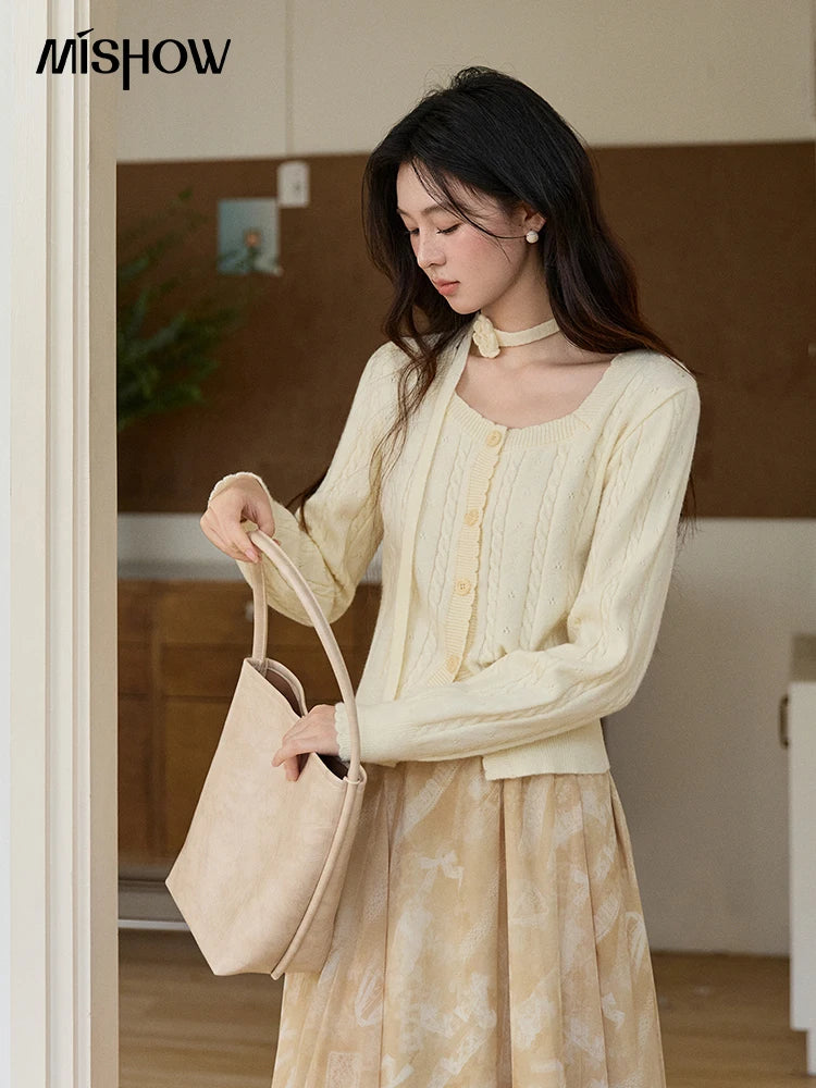 Mishow Beige Cable Knit Square Neck Cardigan MXF11Z2903
