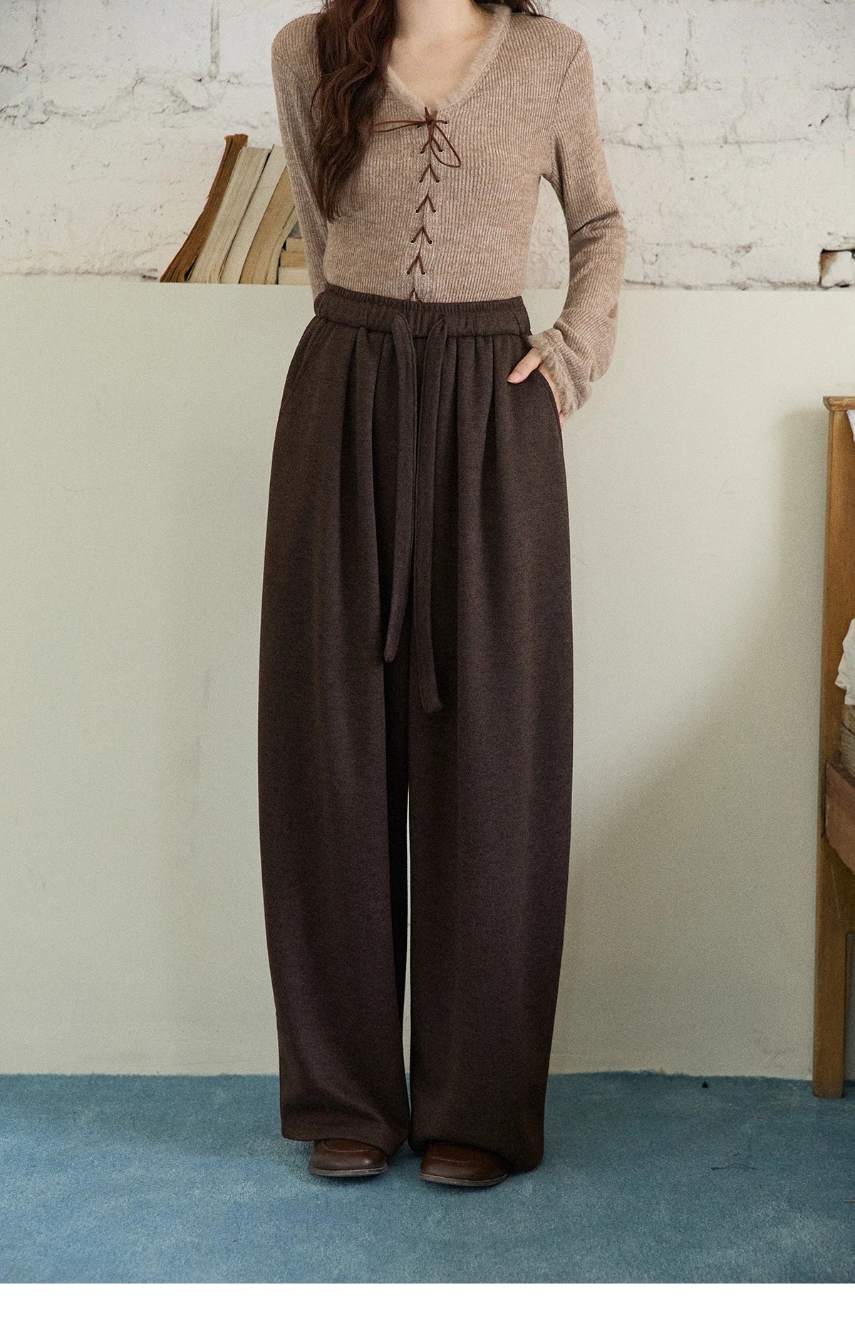 MISHOW Brown Wide-Leg Pants Thickened Drawstring Waistband MXE87K1126