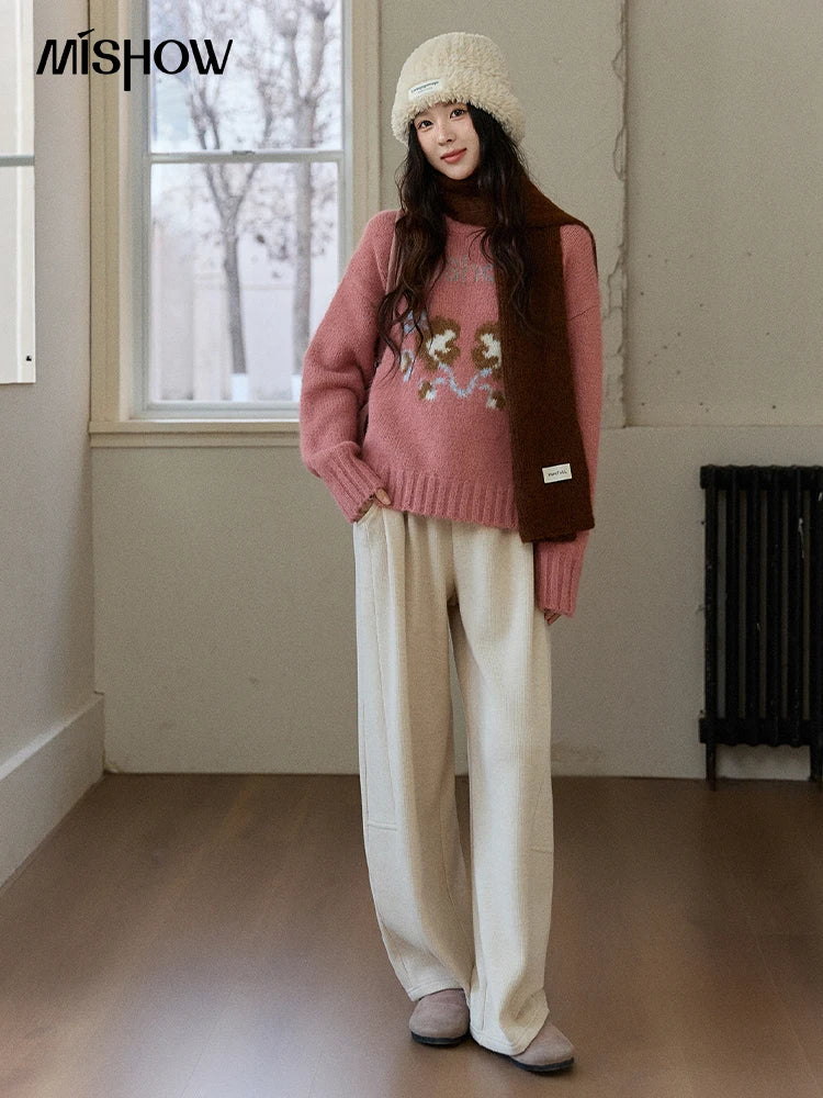 MISHOW Fleece Lined Straight Knit Pants Elastic Waist Pockets MXE92K1131