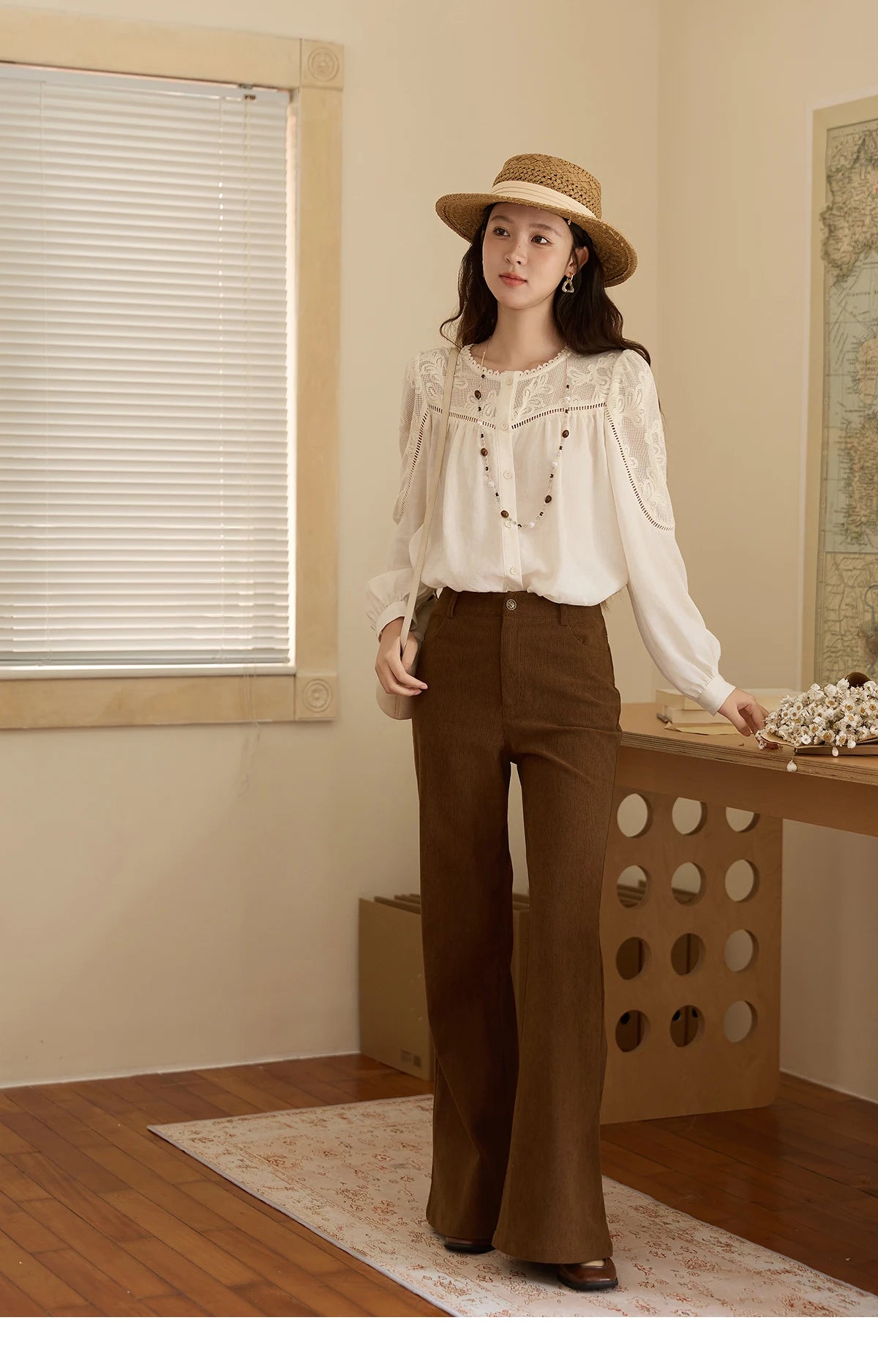 MISHOW Beige Hollow Out Embroidery Shirt O-Neck MXE44X2498