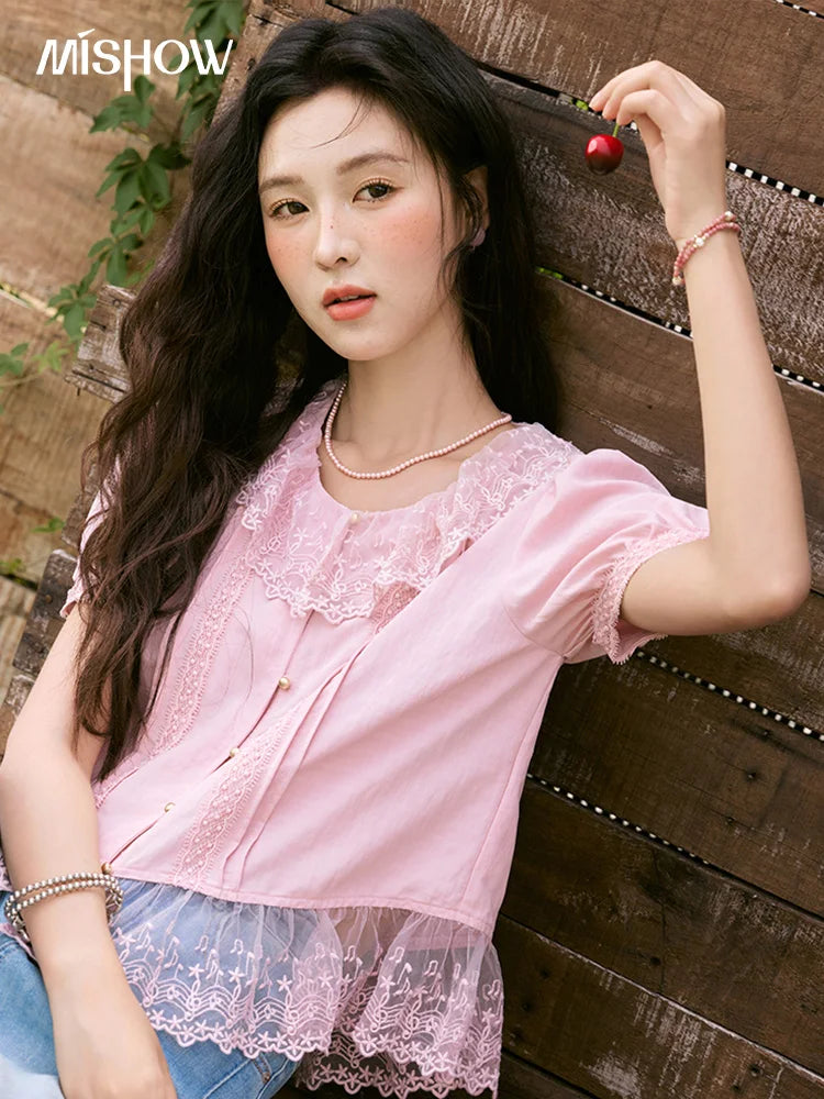 MISHOW Pink Spliced Lace Round Neck Blouse Metal Buttons MXE32X1768