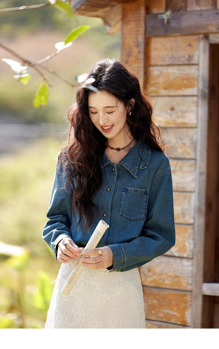 MISHOW Washed Denim Shirt Double Layered Patchwork Collar Metal Buckle MXE12C0751