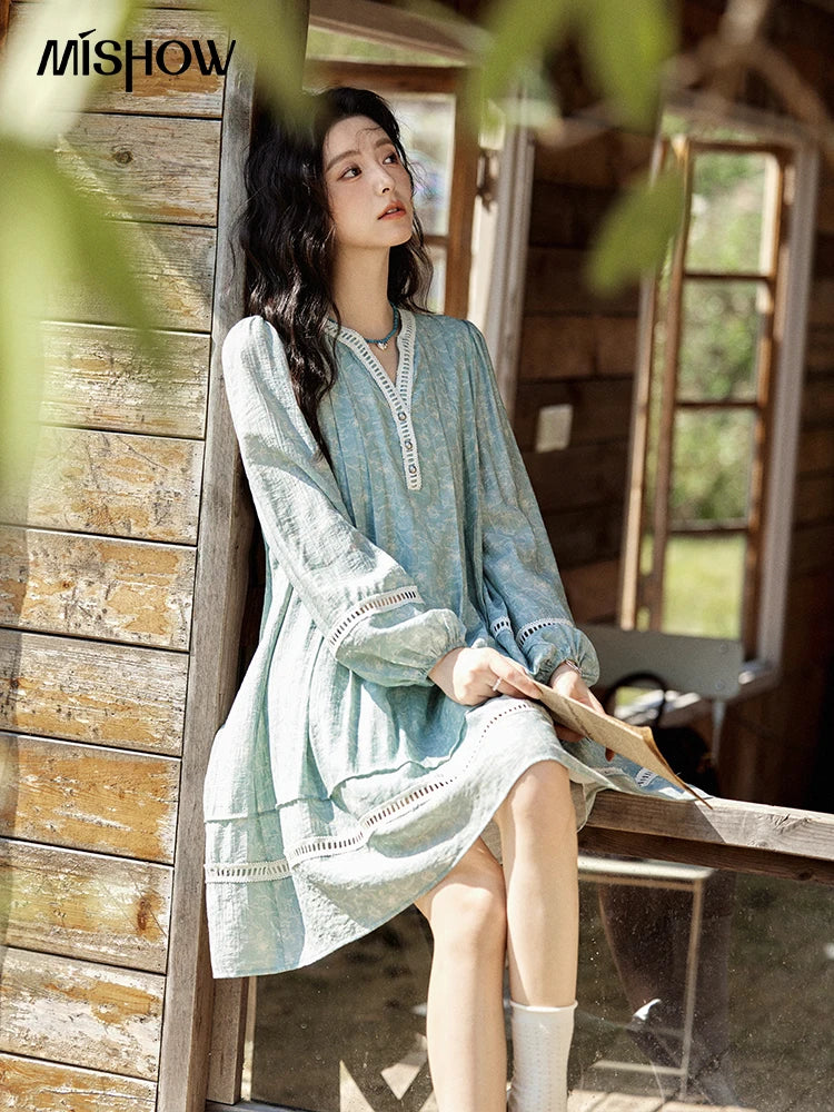 Mishow French V-Neck Hollow Lace Print Dress MXE12L2096