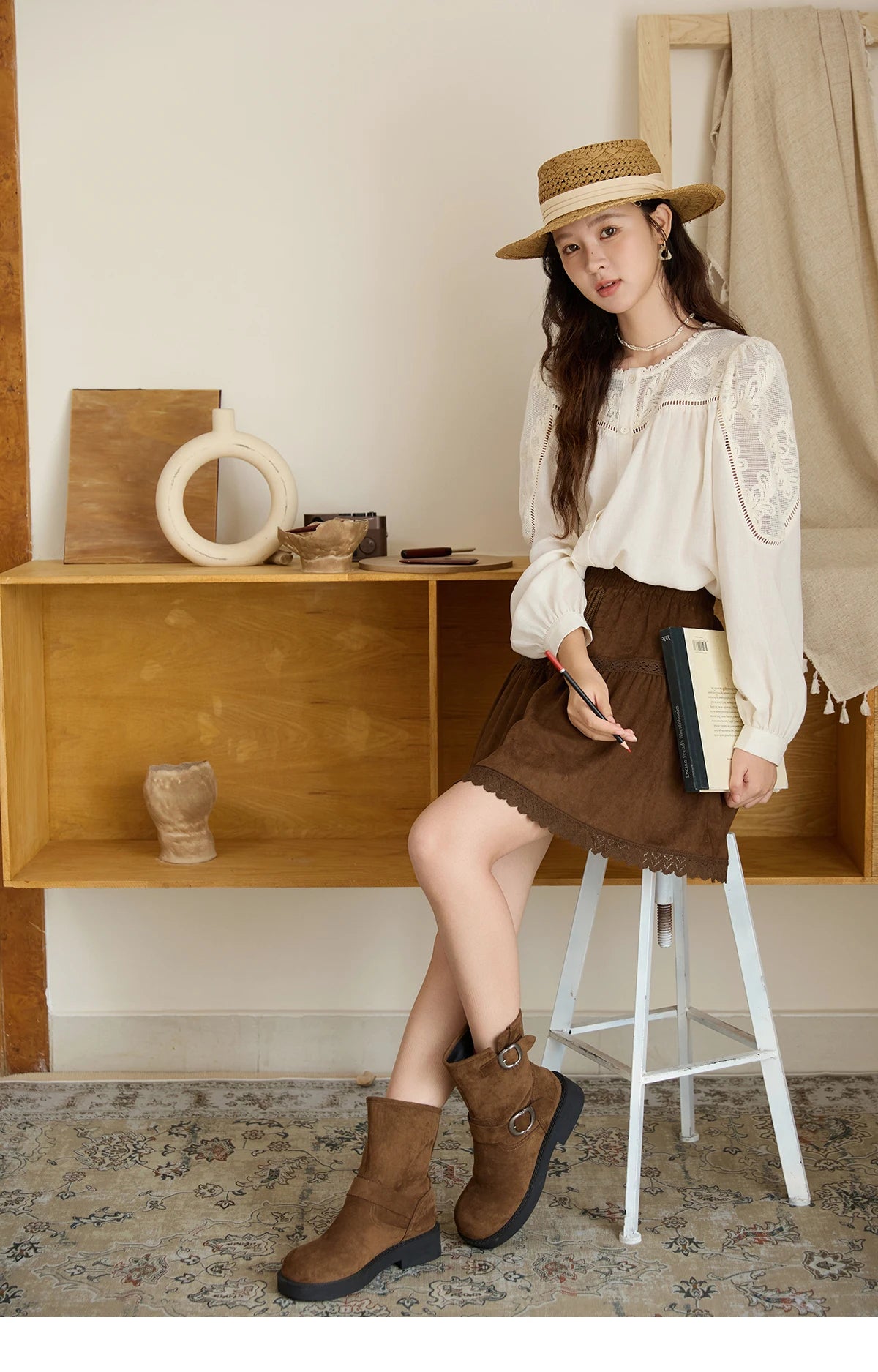 MISHOW Beige Hollow Out Embroidery Shirt O-Neck MXE44X2498