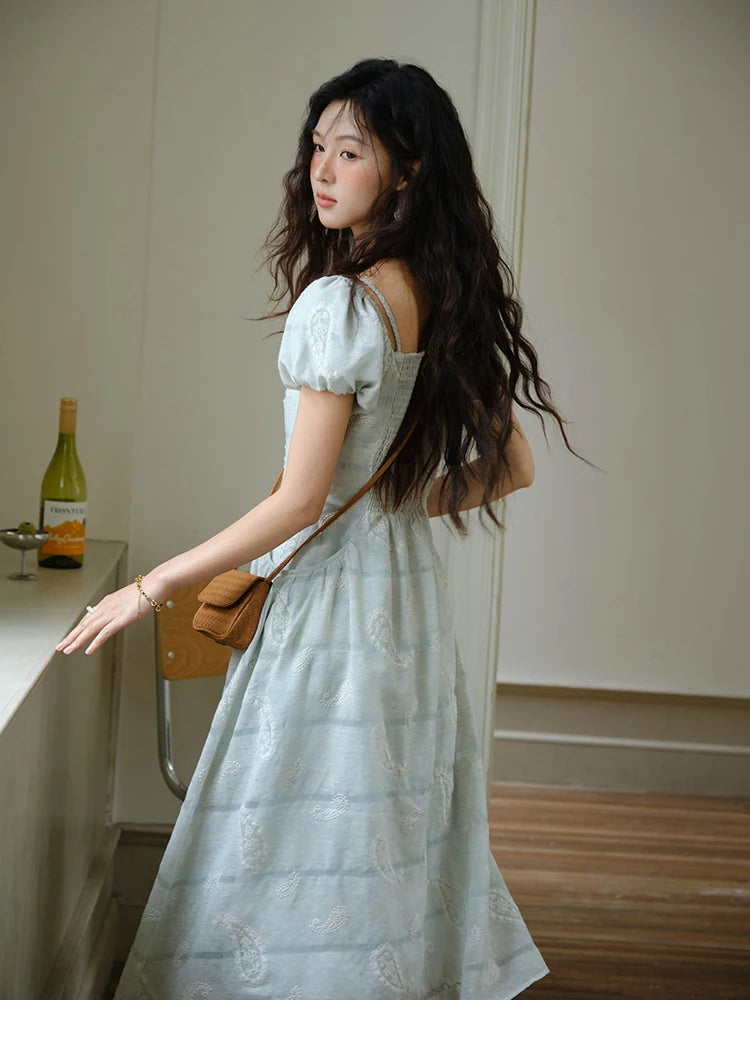 Mishow Paisley Embroidery Square Neck Puff Sleeve Dress MXE34L2265