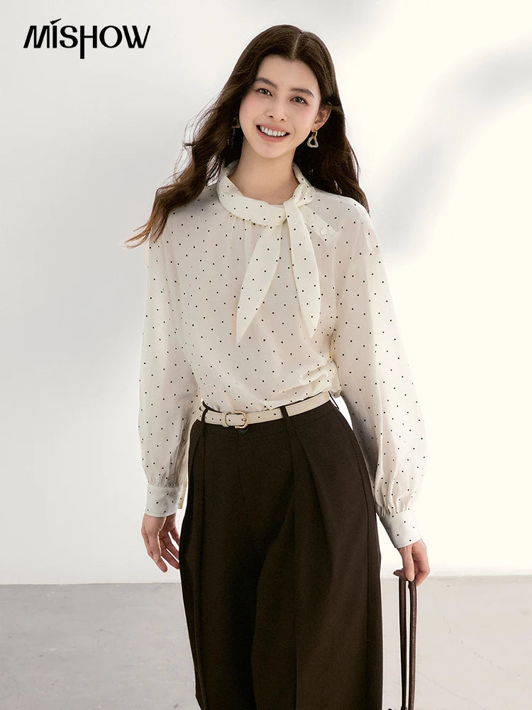MISHOW White Polka Dot Blouse Bow Tie Neck Sheer MXF13X2531