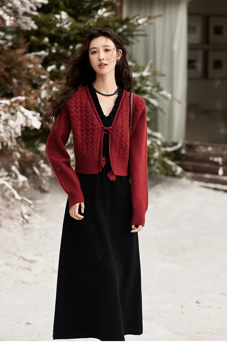 Mishow Red Knitted Cardigan & V-Neck Midi Dress Set MXD58L2085