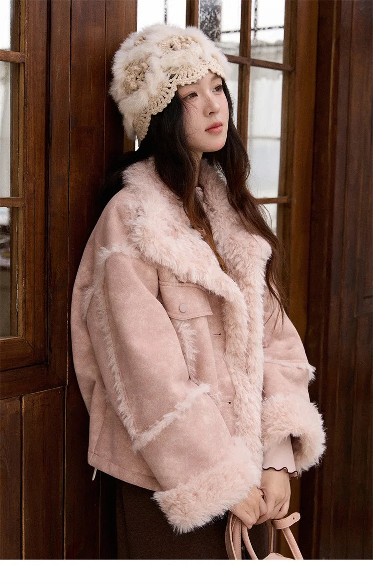 MISHOW Pink Plush Patchwork Coat Stand Collar Windproof MXE51W0911
