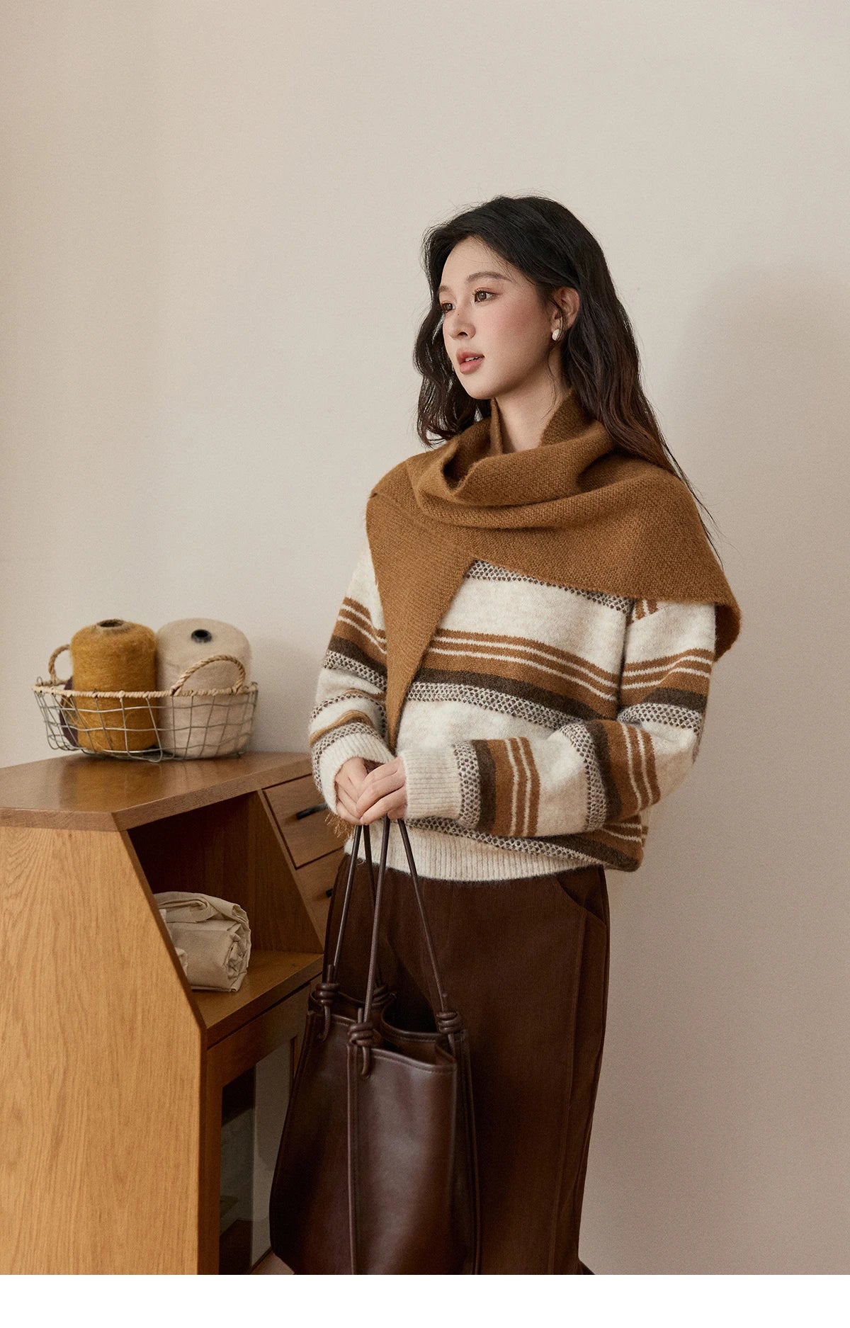 Mishow Wool Blend Retro Striped Sweater with Scarf MXE94Z2987