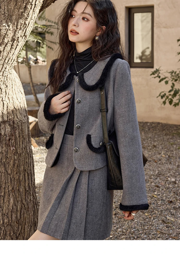 Mishow Plaid Tweed Jacket & Half Pleated Skirt Set MXD43W0442