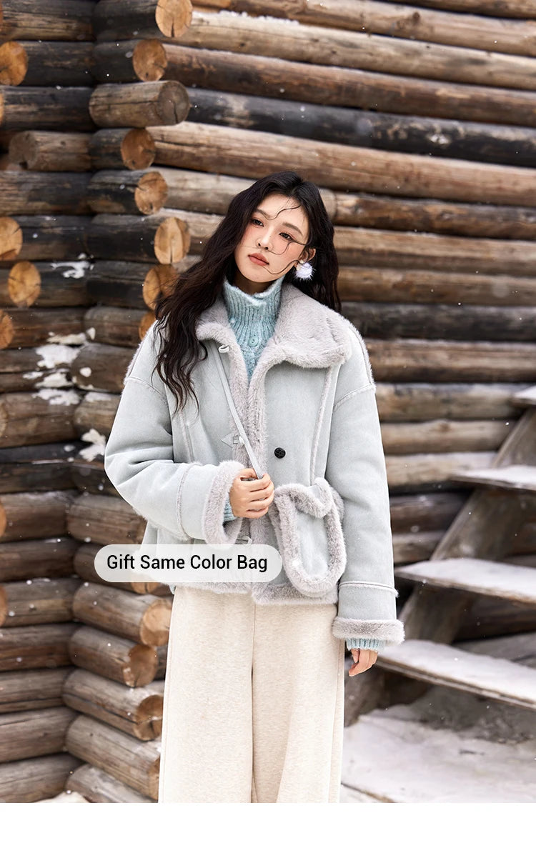 Mishow Suede Plush Fur Collar Jacket with Bag MXD57W0737