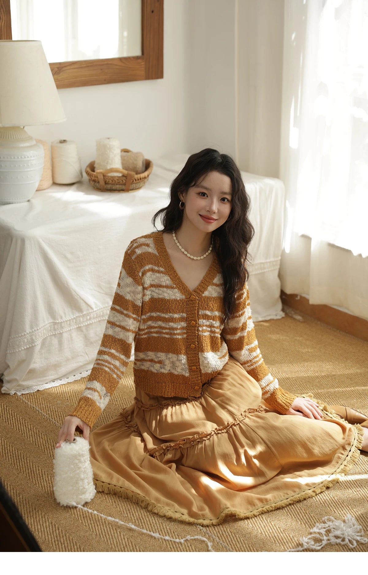 Mishow Retro Yellow Striped V-Neck Cardigan MXE44Z2516