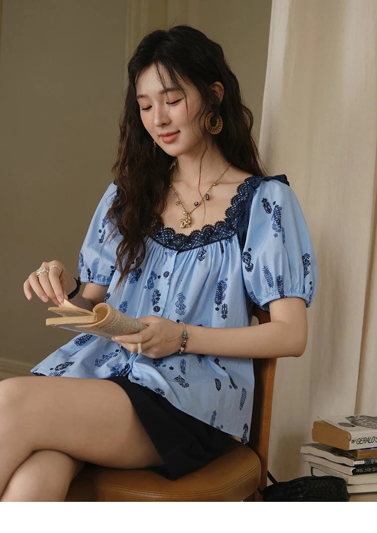 MISHOW Print Cotton Shirt Puff Sleeve Lace Splicing MXE35X1842