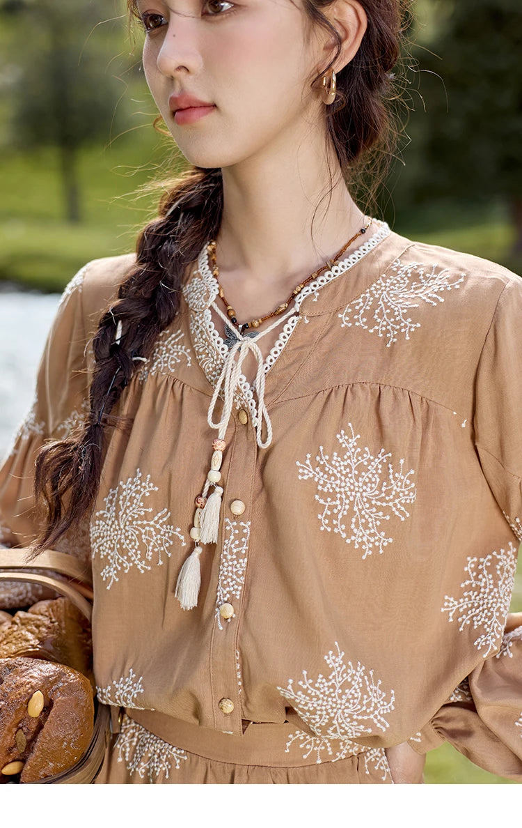 Mishow French Jacquard Tassel Lace Up Top & Flower Bud Skirt Set MXD41X1636