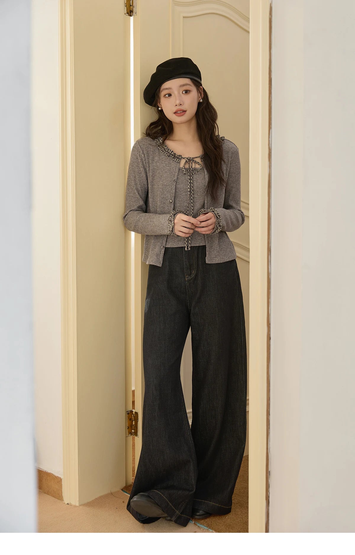 Mishow Plaid Black Fungus Edge Fake Two-Piece Sweater MXE44Z1361